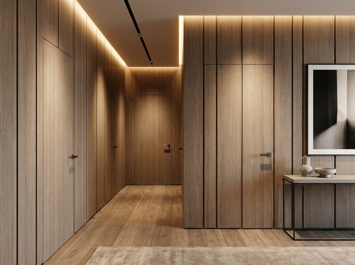 Архитектурное освещение и стеновые панели из шпона ясеня